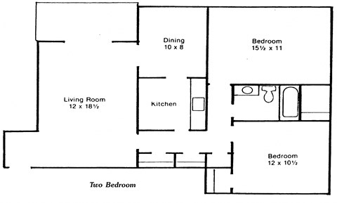 Floor plan for 2 beds, 1 bath, 890 sqft